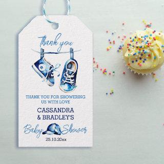 It's a boy blue baby shoes thank you favor gift tags