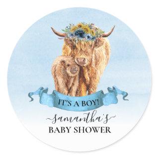 It's a Boy Blue Highland Cow Calf Baby Shower    Classic Round Sticker