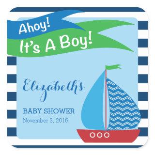 It's A Boy, Blue Nautical Baby Shower Square Sticker