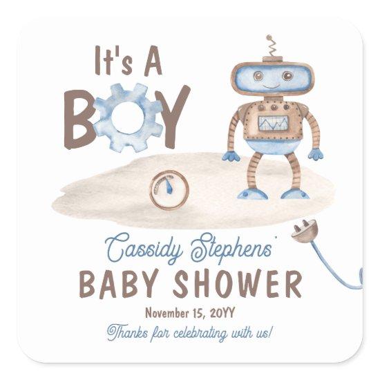 It's A Boy Cute Blue | Greige Robot Baby Shower  Square Sticker