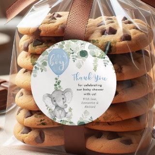 It's a boy elephant balloon greenery baby shower classic round sticker