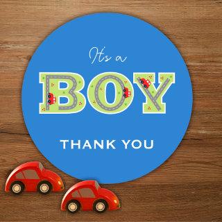 it's a boy, red car letters baby shower classic round sticker