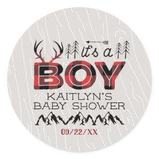 It's A Boy! Rustic Plaid Lumberjack Baby Shower Classic Round Sticker