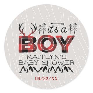 It's A Boy! Rustic Plaid Lumberjack Baby Shower Classic Round Sticker