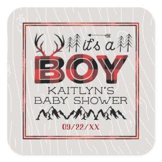 It's A Boy! Rustic Plaid Lumberjack Baby Shower Square Sticker