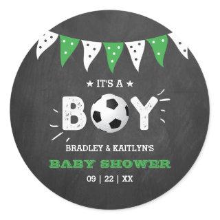 It's A Boy! Soccer Themed Co-ed Baby Shower Classic Round Sticker