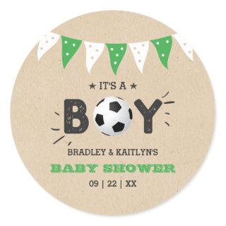 It's A Boy! Soccer Themed Co-ed Baby Shower Classic Round Sticker