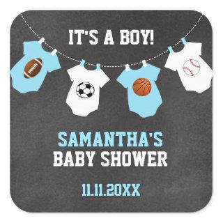 IT'S A BOY Sports Theme Baby Shower Chalkboard Boy Square Sticker