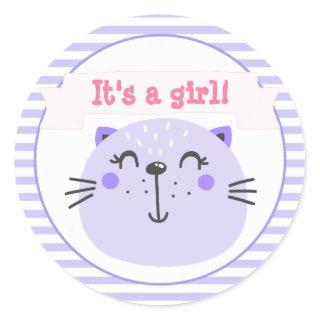 It's a girl | Cute Purple Cat | Baby Shower Classic Round Sticker