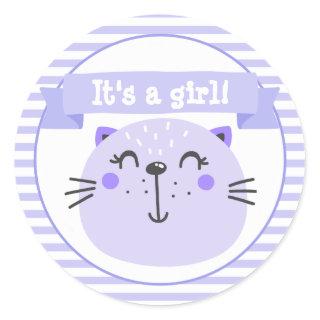 It's a girl | Cute Purple Cat | Baby Shower Classic Round Sticker