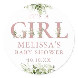 Its A Girl Dusty Rose Pink Greenery Baby Shower Classic Round Sticker