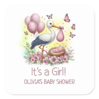 It's a Girl Pink Stork Baby Shower Square Sticker