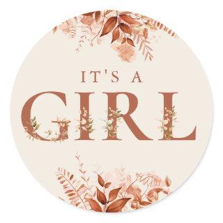 Its A Girl Rustic Floral Fall Baby Shower Classic Round Sticker