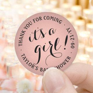 It's a Girl! Script Baby Shower Pink and Black Classic Round Sticker