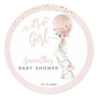 It's a Girl Simple Elephant & Balloon Baby Shower Classic Round Sticker