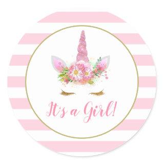 "It's a Girl" Unicorn Face Pink Stripe Baby Shower Classic Round Sticker