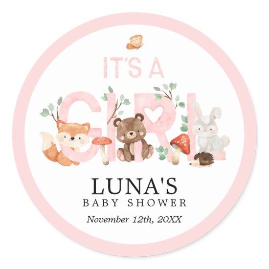It's a Girl Woodland Pink Baby Shower Classic Roun Classic Round Sticker
