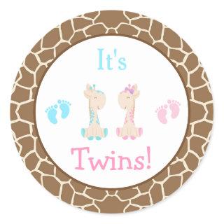 It's Twins Baby Giraffe Gender Reveal Classic Round Sticker