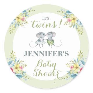 It's Twins Green Floral Boy & Girl Baby Shower   I Classic Round Sticker