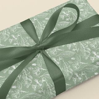 Ivory Ecru Leaves Floral Art Pattern On Sage Green