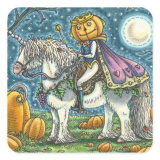 JACK O LANTERN PRINCE ON HIS MAGIC UNICORN PONY SQUARE STICKER