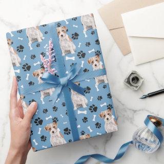 Jack Russell Terrier Dog Paw Print Pattern on Blue