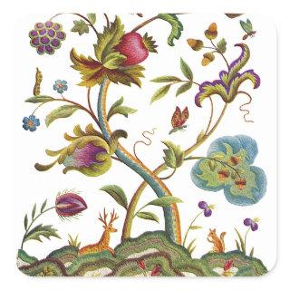 Jacobean Crewel Embroidery Tree of Life Square Sticker