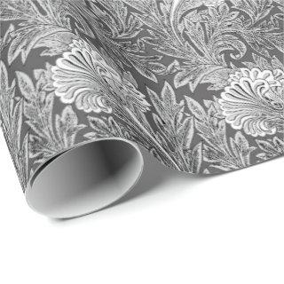 Jacobean Flower Damask, Gray / Grey and White