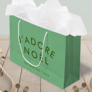 J'adore Noel | Modern Minimalist Love Xmas Green Large Gift Bag