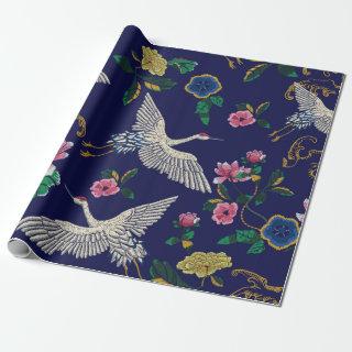 Japanese cranes, waves and flowers. Embroidery ill