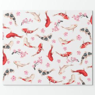 Japanese FLOWER AND KOI FISH white and red