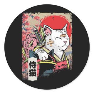 Japanese Samurai Cat Warrior Japan Ninja Kitten Classic Round Sticker