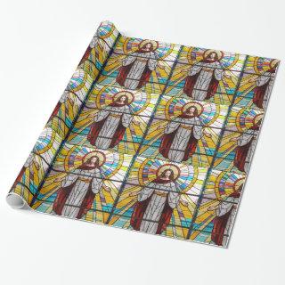 Jesus Arms Open Colorful Stained Glass Behind Him