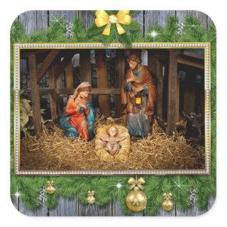 Jesus born manger square sticker