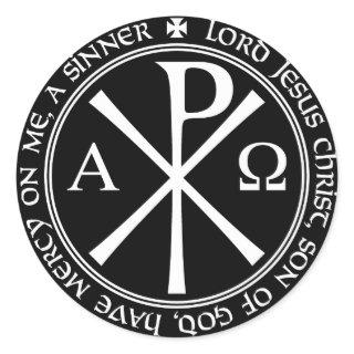 Jesus Prayer with Chi-ro black and white in circle Classic Round Sticker