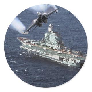 Jet Fighter Over Navy Ship Classic Round Sticker