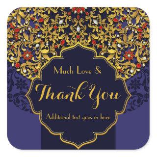 Jeweled Blue Red Gold Floral Custom Thank You Square Sticker