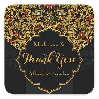 Jeweled Gold Red Black Floral Custom Thank You Square Sticker