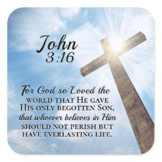 John 3:16 God so Loved the World Wooden Cross Square Sticker