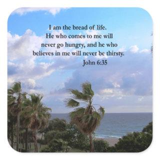 JOHN 6:25 OCEAN AND PALM TREE PHOTO SQUARE STICKER