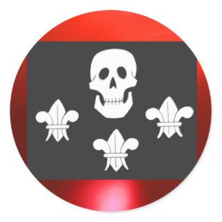 JOLLY ROGER SKULL AND THREE LILIES FLAG CLASSIC ROUND STICKER