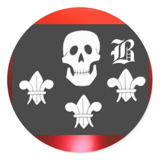 JOLLY ROGER SKULL AND THREE LILIES FLAG MONOGRAM CLASSIC ROUND STICKER