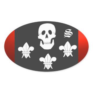 JOLLY ROGER SKULL AND THREE LILIES FLAG MONOGRAM OVAL STICKER