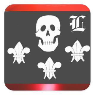 JOLLY ROGER SKULL AND THREE LILIES FLAG MONOGRAM SQUARE STICKER