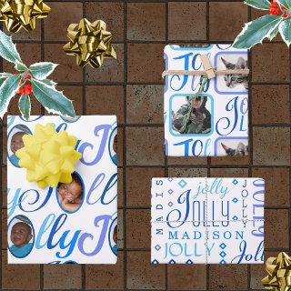JOLLY Script Blue On White 4 Photo Christmas  Sheets