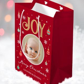 Joy Christmas Ornament Personalized Photo Red Medium Gift Bag