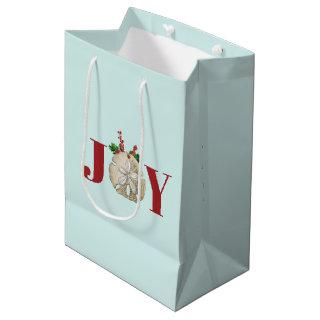Joy Christmas Sand Dollar Holly Berries Coastal Medium Gift Bag