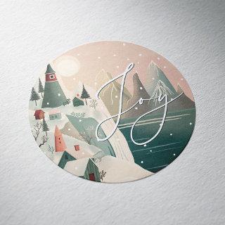 Joy. Christmas winter mountain village landscape Classic Round Sticker