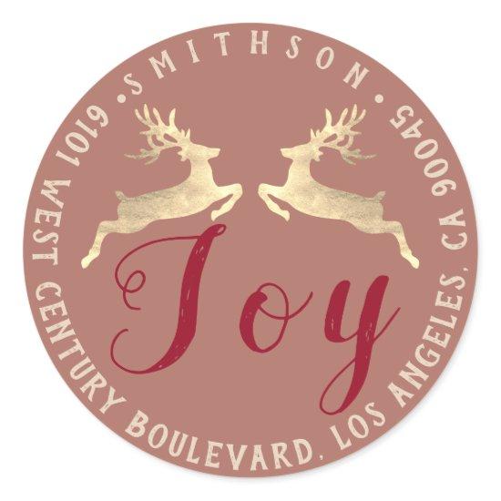 Joy Deer Holiday Return RSVP Rose Rustic Gold Classic Round Sticker