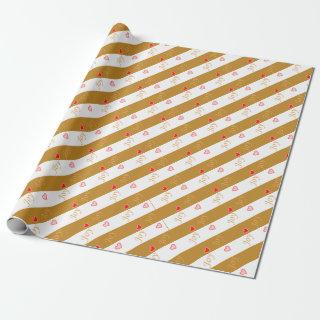 Joy Heart Pattern on Striped Golden & White Wrappi